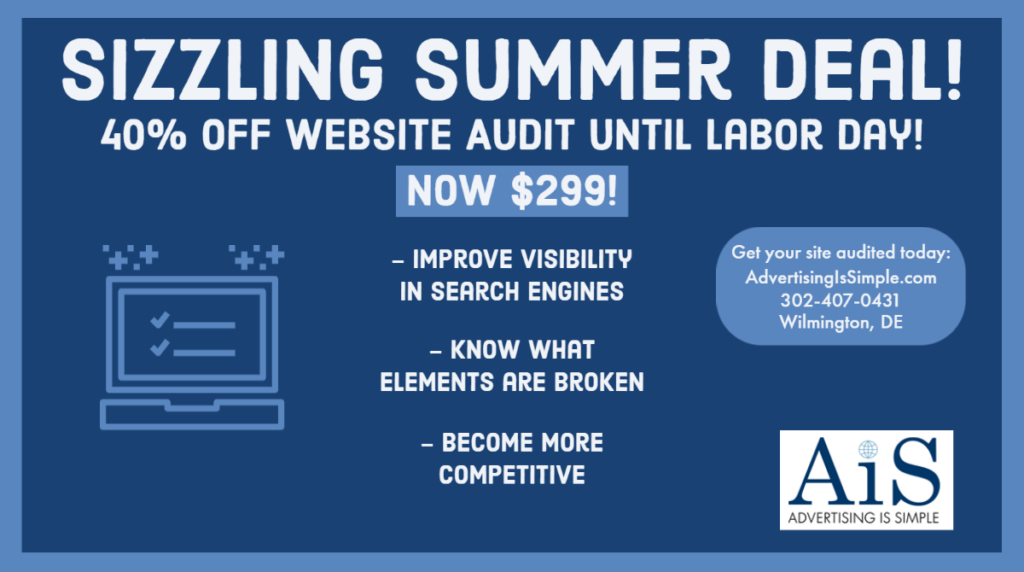 Sizzling summer deal! 40% of website audit until labor day! now $299! Improve visibility in search engines, know what elements are broken, become more competitive
